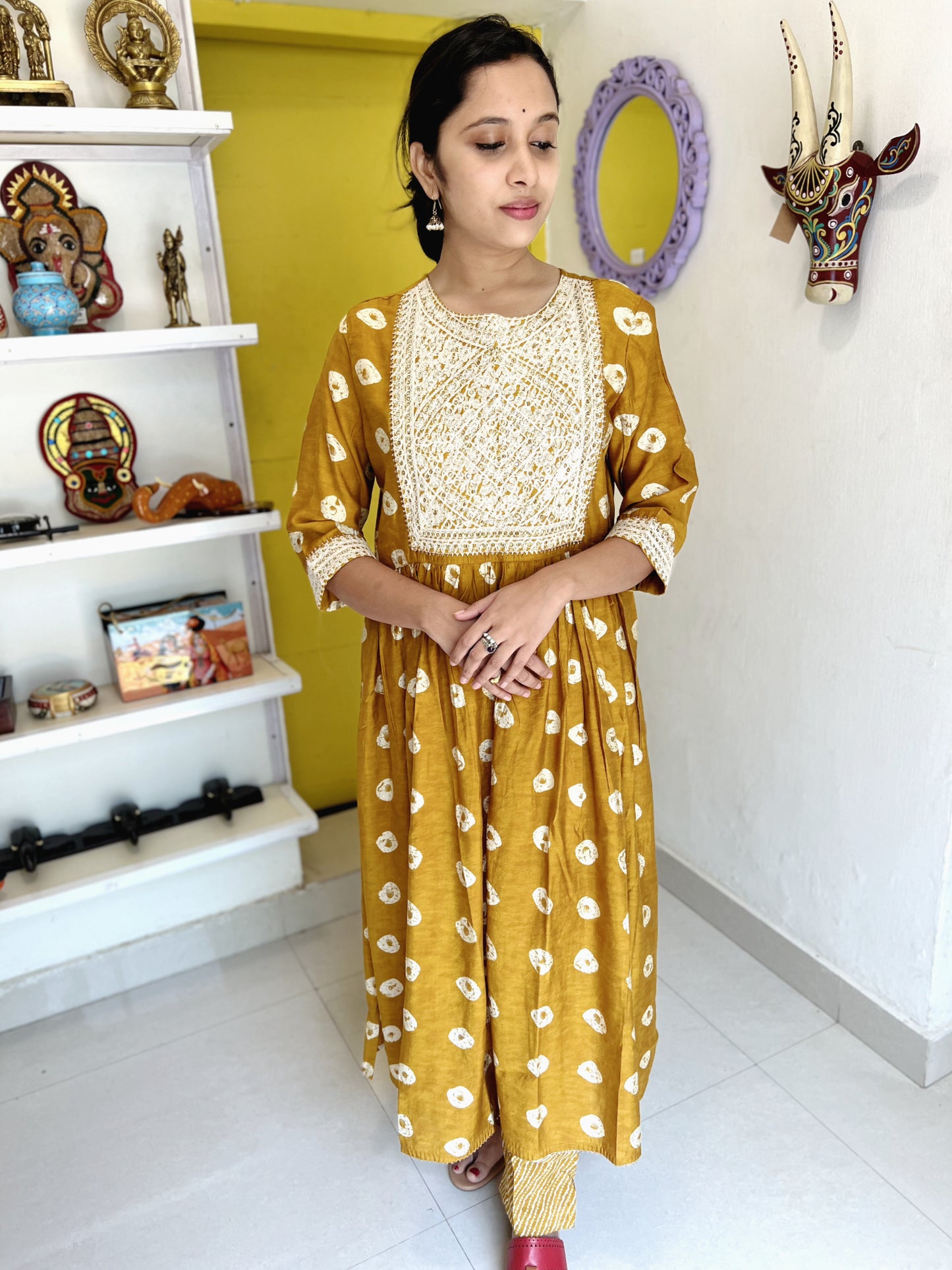 Southloom Stitched Semi Silk Top and Bottom in Mustard Yellow with Thread Work Design