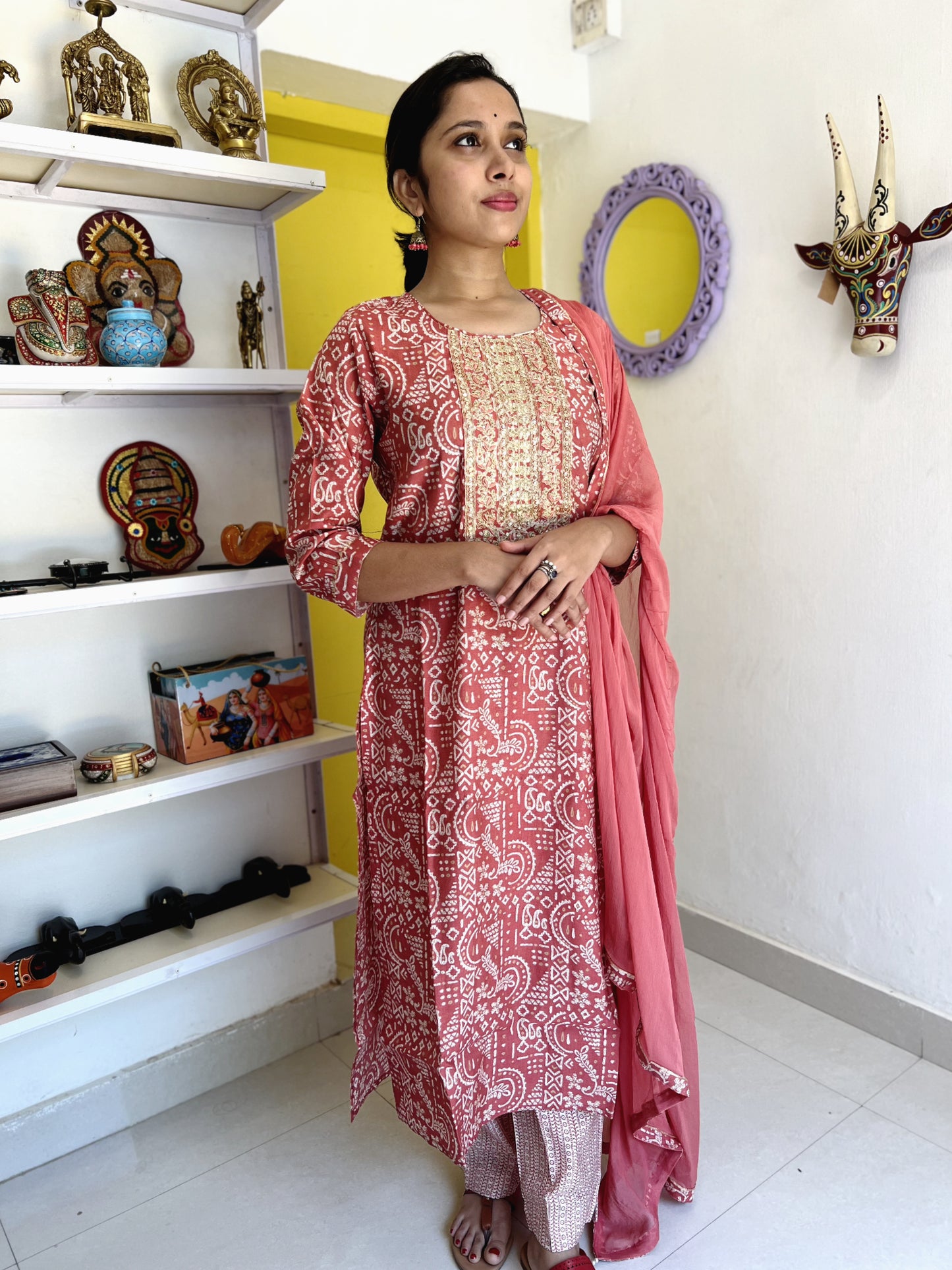 Southloom Stitched Semi Silk Salwar Set in Pink with Prints on Body