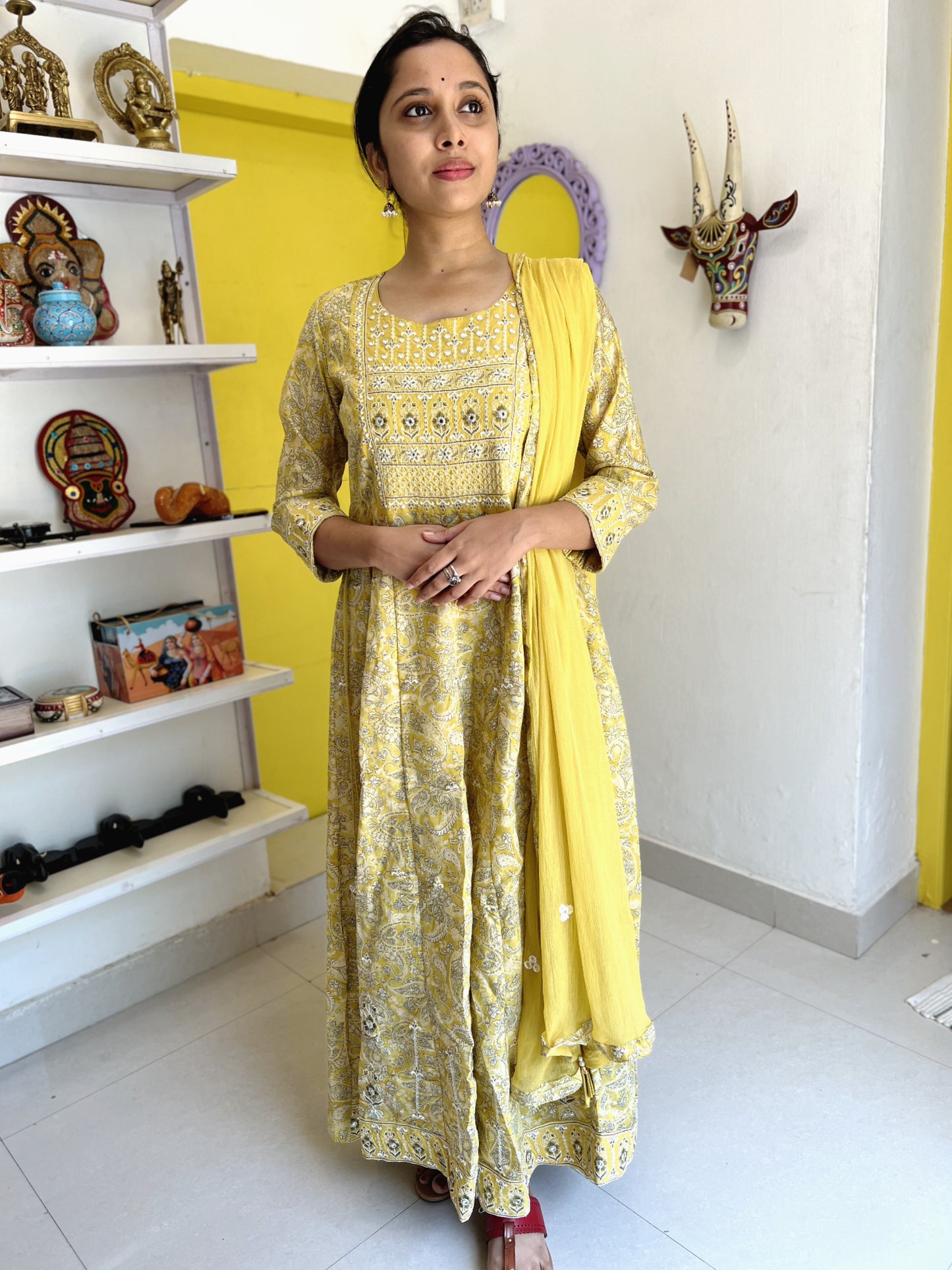 Southloom Stitched Semi Silk Salwar Set in Yellow with Thread Works on Yoke Portion and Prints on Body