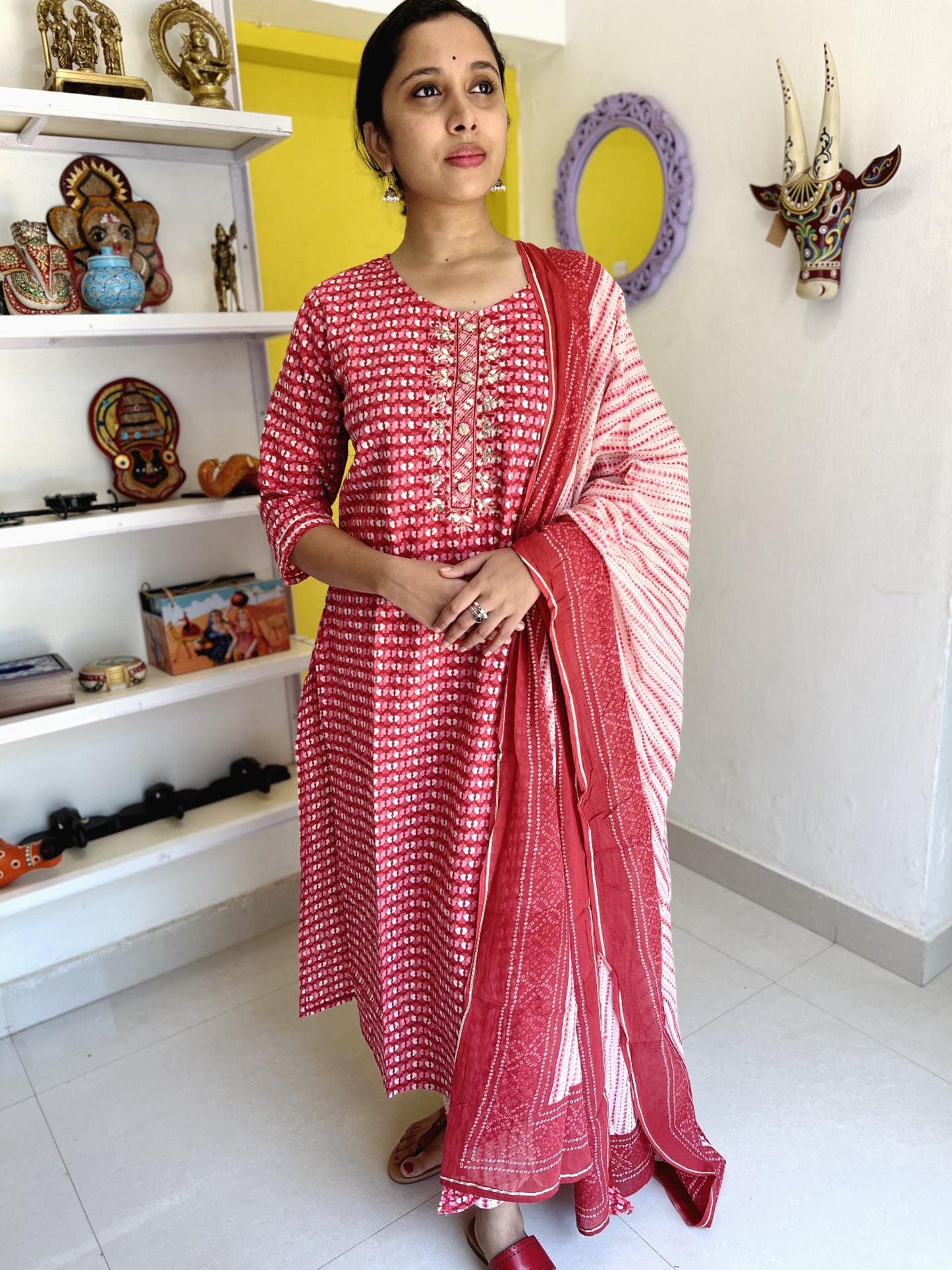 Southloom Stitched Cotton Salwar Set in Red and Pink with Floral Prints on Body