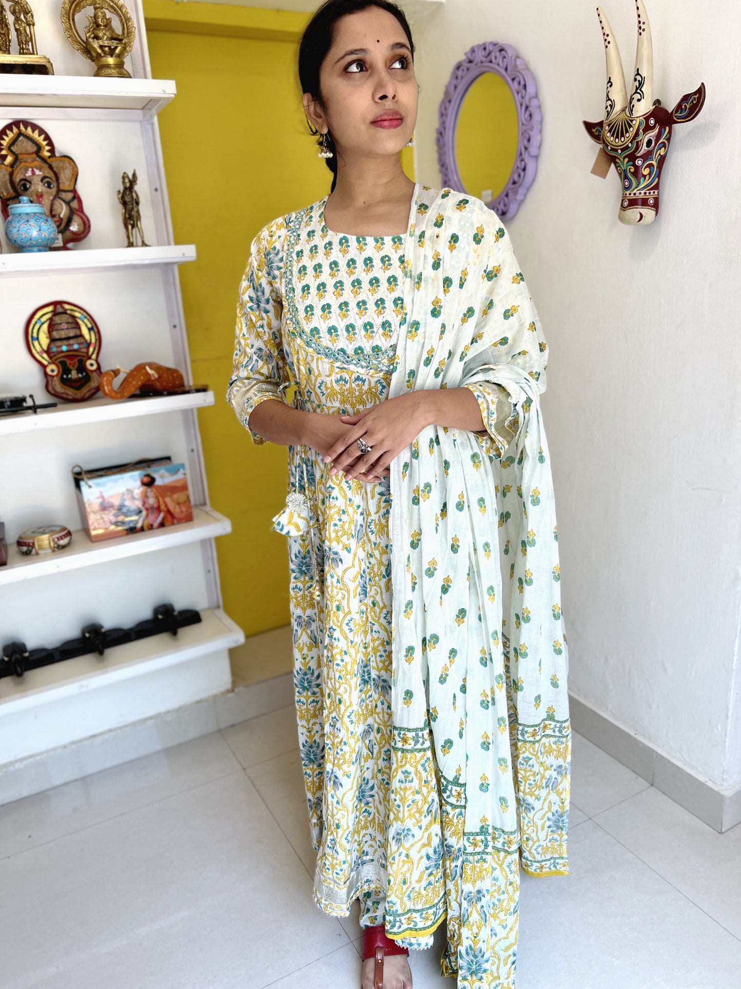 Southloom Stitched Cotton Salwar Set with Green and Yellow Floral Prints