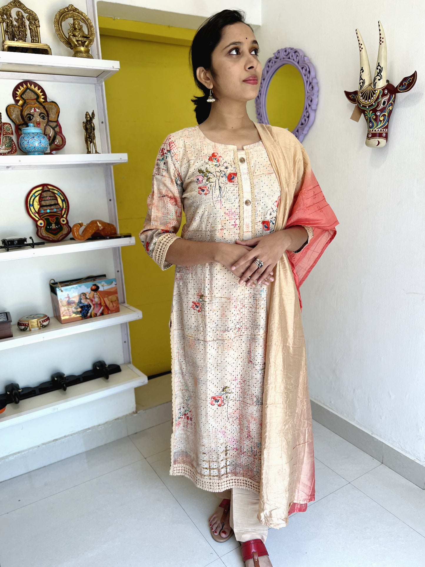 Southloom Stitched Cotton Salwar Set with Floral Prints and Hakoba Works in Body