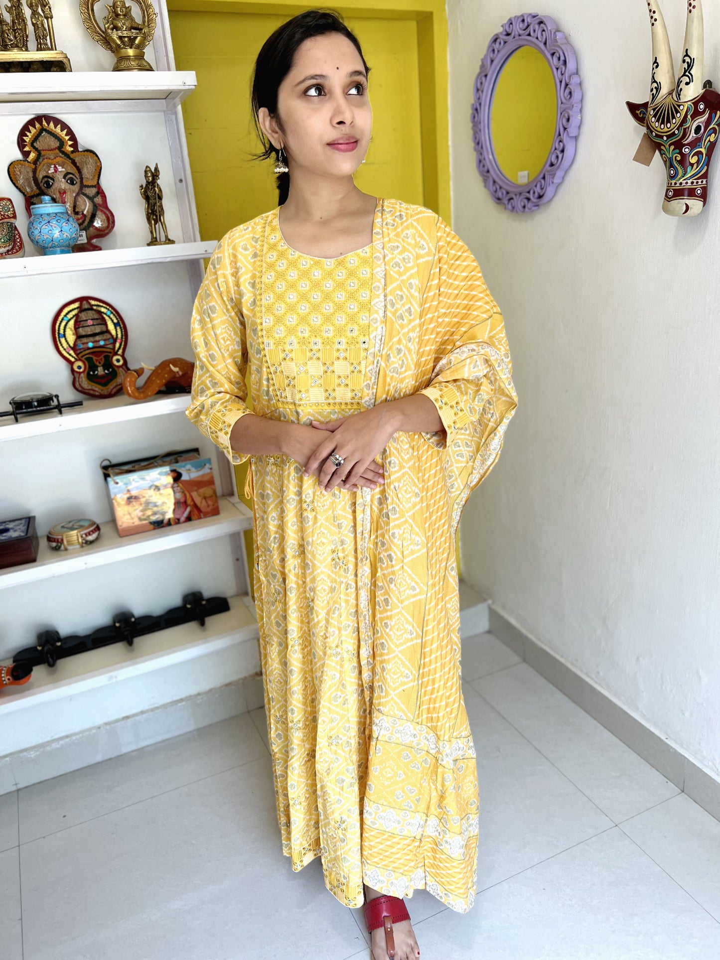 Southloom Stitched Semi Silk Salwar Set in Yellow with Printed Design and Thread Sequins works in Yoke Portion