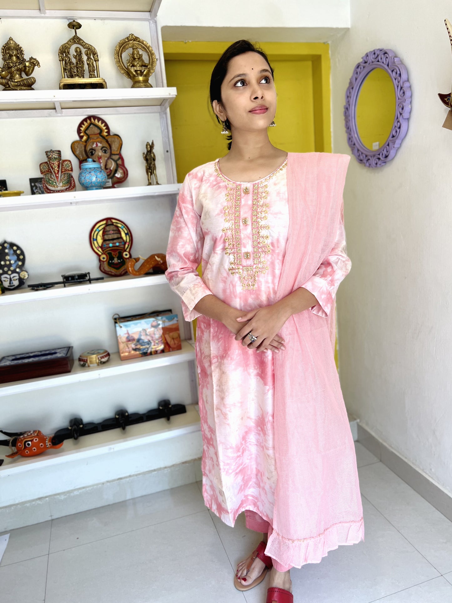 Southloom Stitched Semi Silk Salwar Set in Pink with Printed Design on Body and Thread Bead works in Yoke Portion