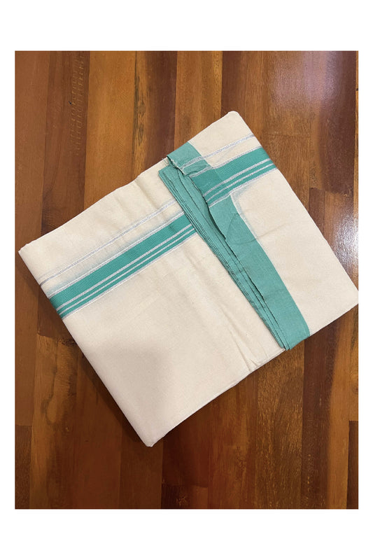 Off White Cotton Mundu with Turquoise and Silver Kasavu Border (South Indian Dhoti)