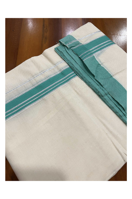 Off White Cotton Mundu with Turquoise and Silver Kasavu Border (South Indian Dhoti)