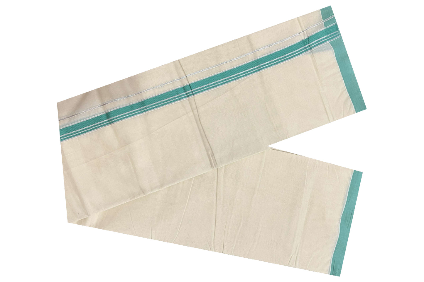 Off White Cotton Mundu with Turquoise and Silver Kasavu Border (South Indian Dhoti)