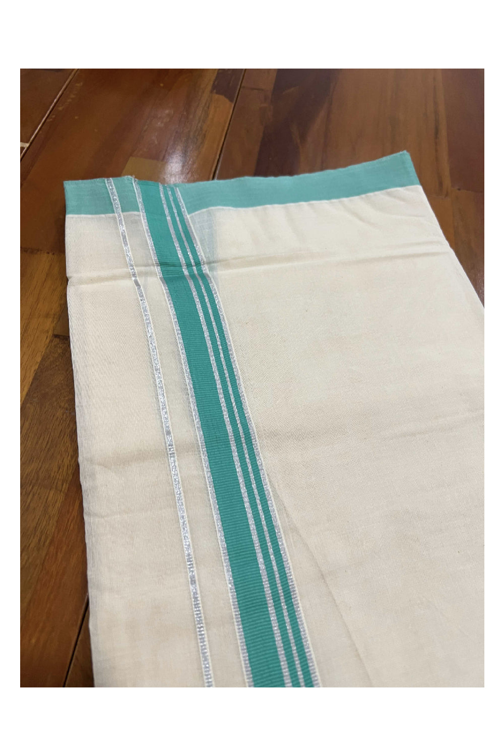 Off White Cotton Mundu with Turquoise and Silver Kasavu Border (South Indian Dhoti)