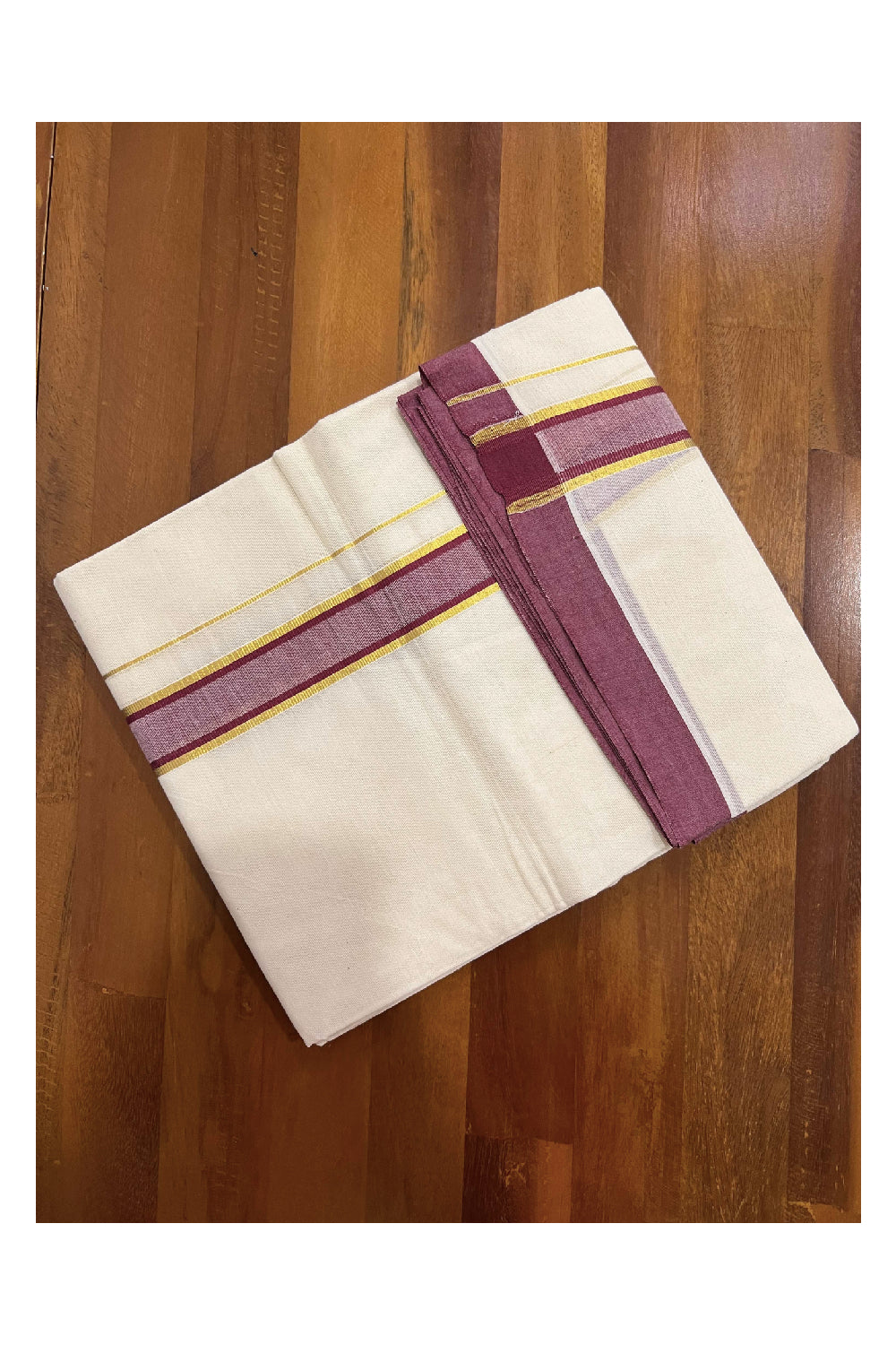 Off White Cotton Mundu with Maroon and Kasavu Border (South Indian Dhoti)