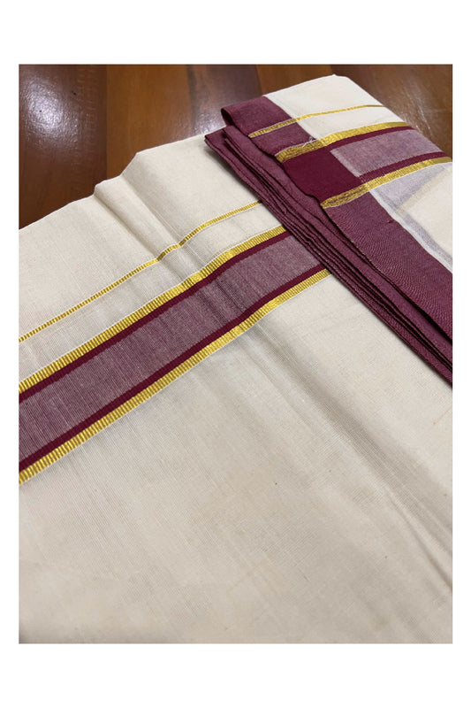 Off White Cotton Mundu with Maroon and Kasavu Border (South Indian Dhoti)