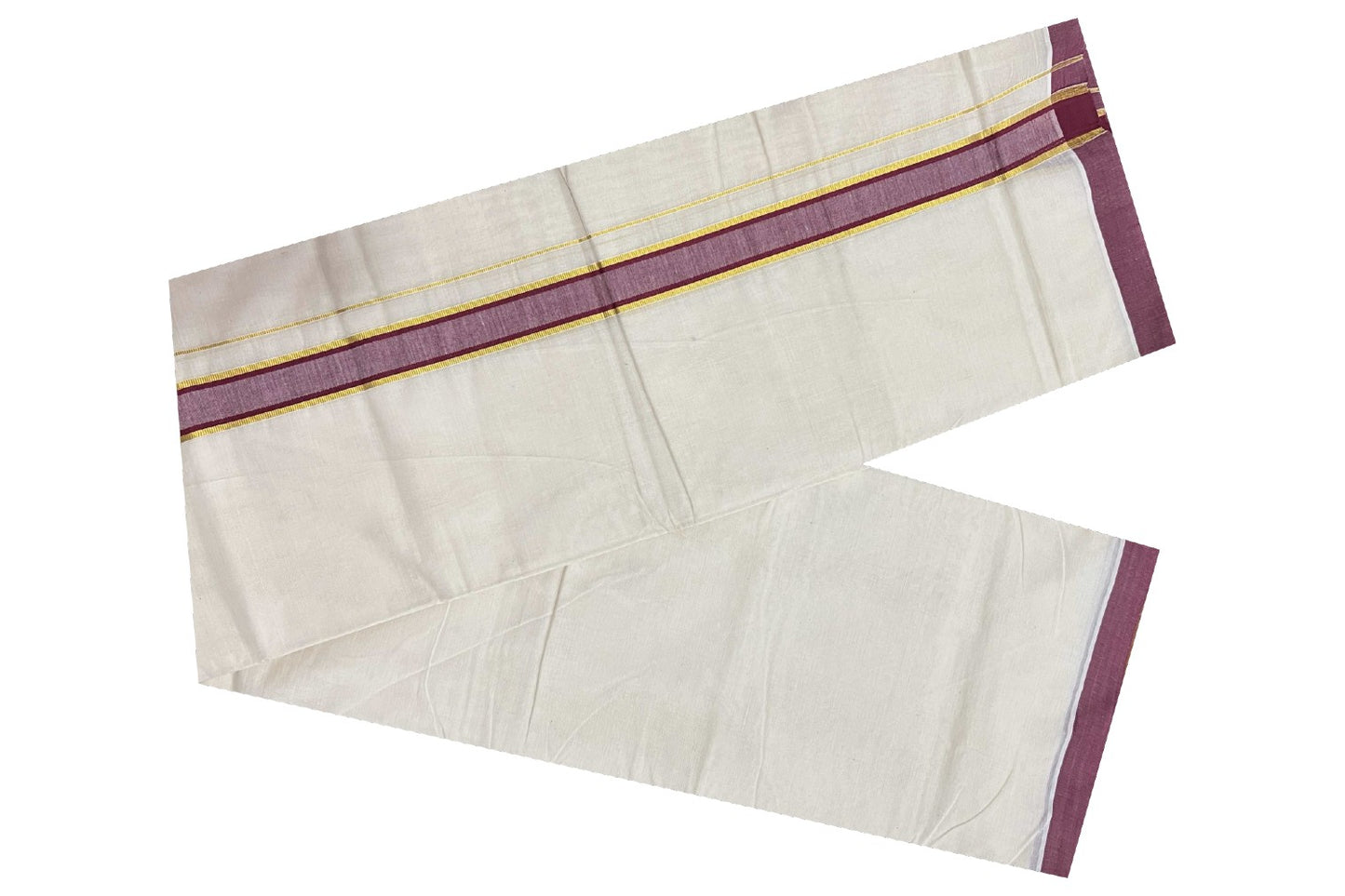 Off White Cotton Mundu with Maroon and Kasavu Border (South Indian Dhoti)