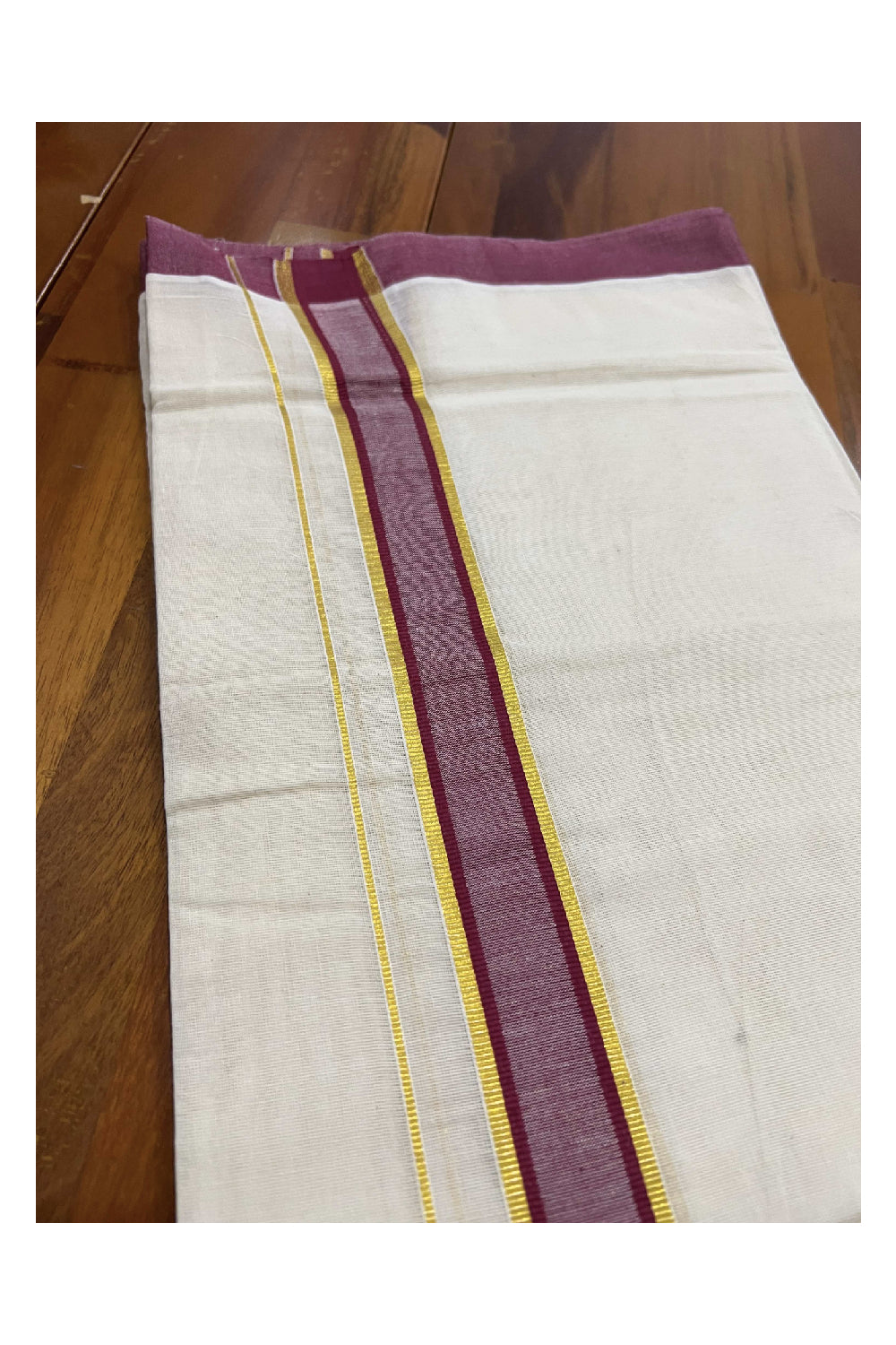 Off White Cotton Mundu with Maroon and Kasavu Border (South Indian Dhoti)