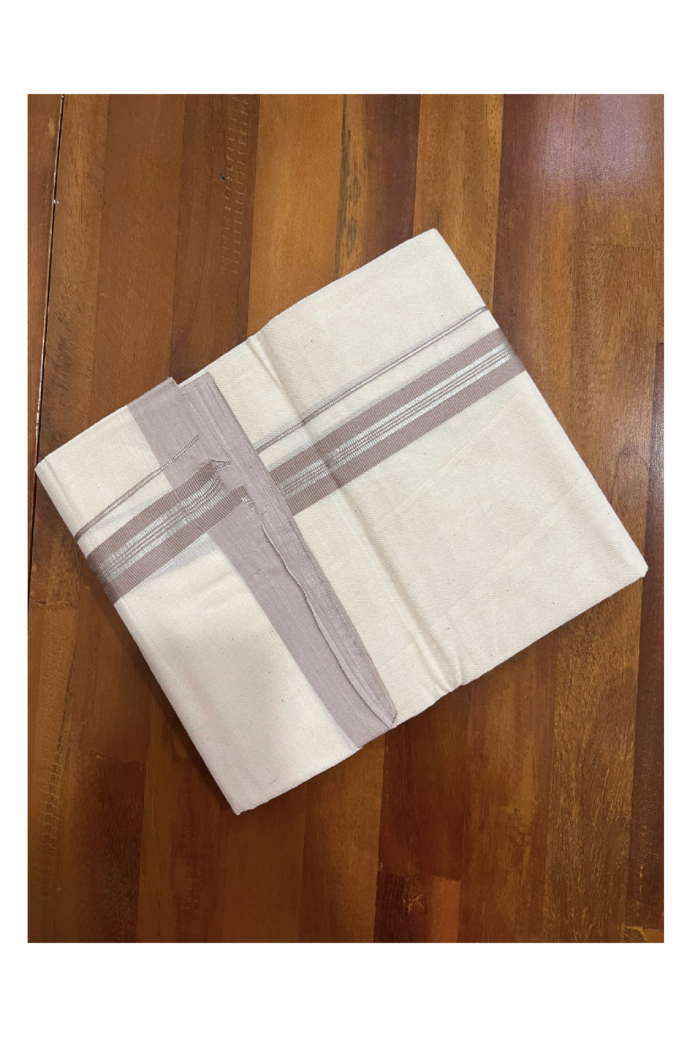 Off White Cotton Mundu with Cream and Silver Kasavu Border (South Indian Dhoti)