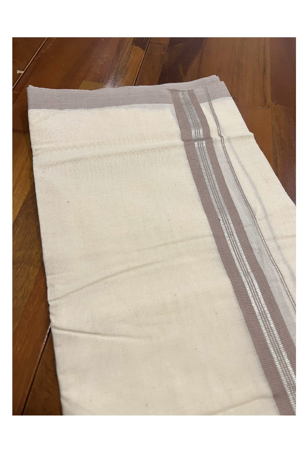 Off White Cotton Mundu with Cream and Silver Kasavu Border (South Indian Dhoti)