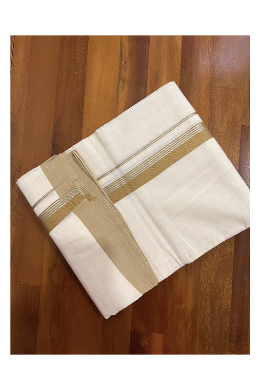 Off White Cotton Mundu with Khaki Yellow and Silver Kasavu Border (South Indian Dhoti)