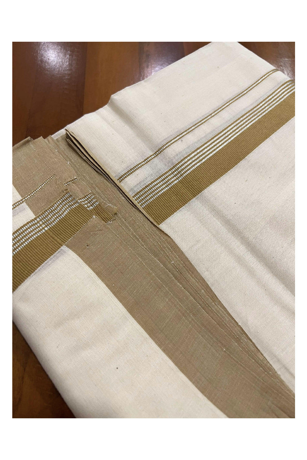 Off White Cotton Mundu with Khaki Yellow and Silver Kasavu Border (South Indian Dhoti)