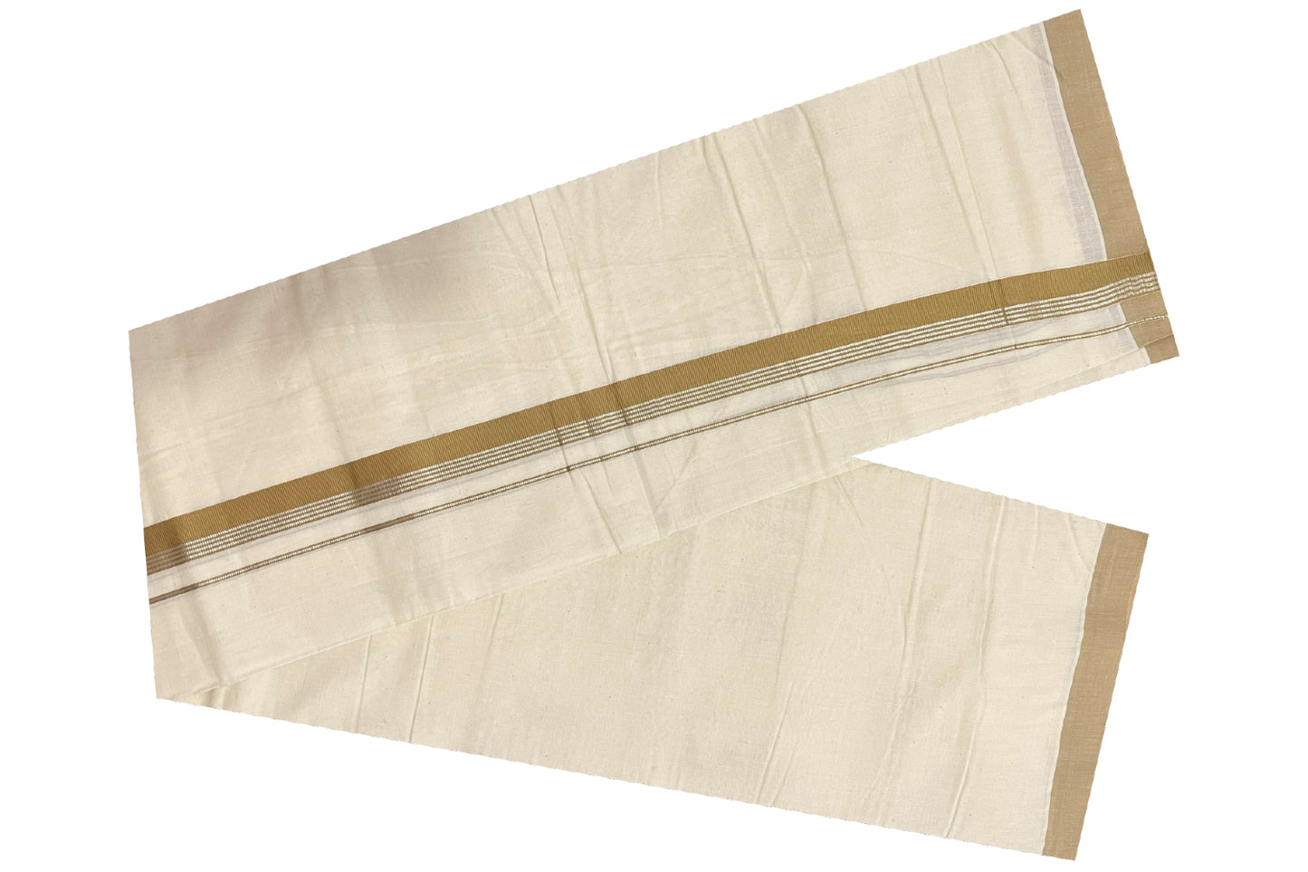 Off White Cotton Mundu with Khaki Yellow and Silver Kasavu Border (South Indian Dhoti)