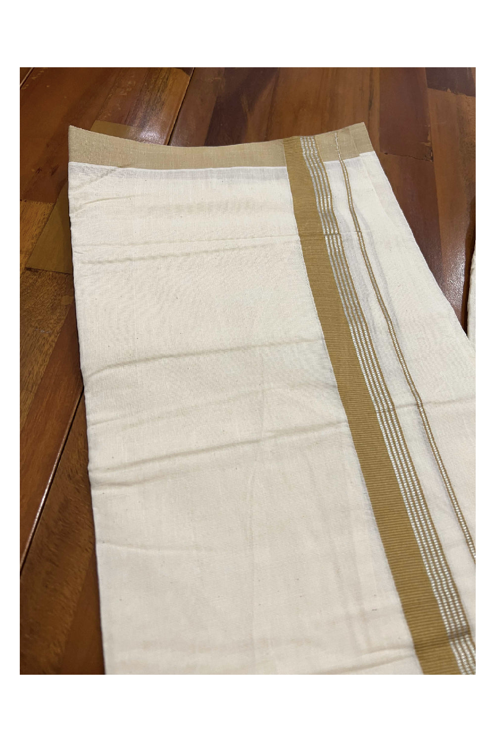 Off White Cotton Mundu with Khaki Yellow and Silver Kasavu Border (South Indian Dhoti)