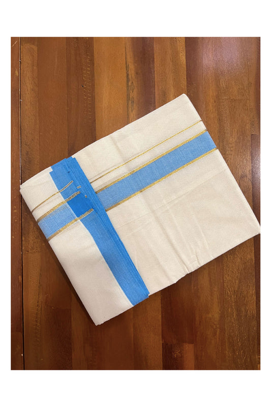 Off White Cotton Mundu with Light Blue and Kasavu Border (South Indian Dhoti)