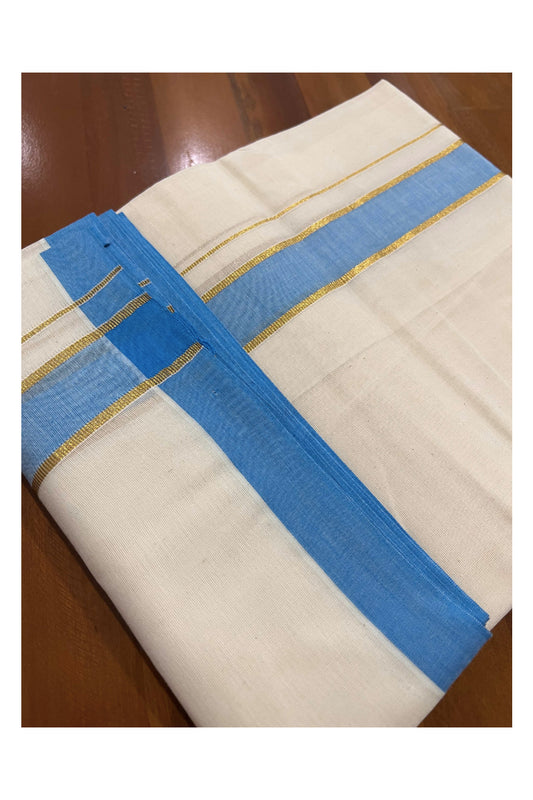 Off White Cotton Mundu with Light Blue and Kasavu Border (South Indian Dhoti)