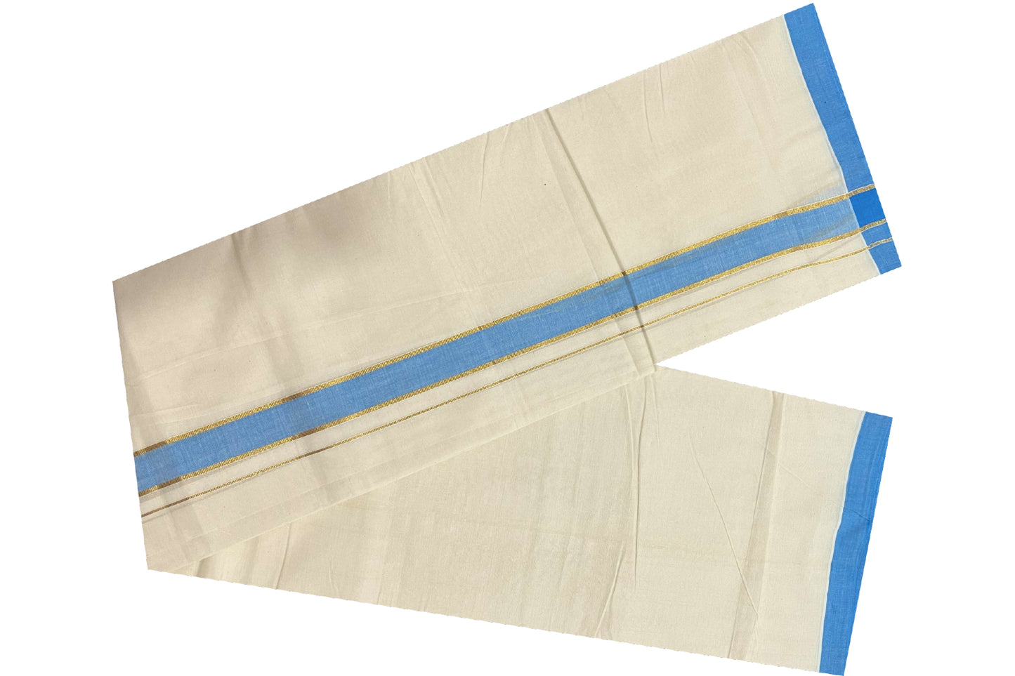 Off White Cotton Mundu with Light Blue and Kasavu Border (South Indian Dhoti)