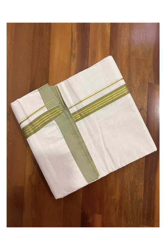 Off White Cotton Mundu with Olive Green and Kasavu Border (South Indian Dhoti)