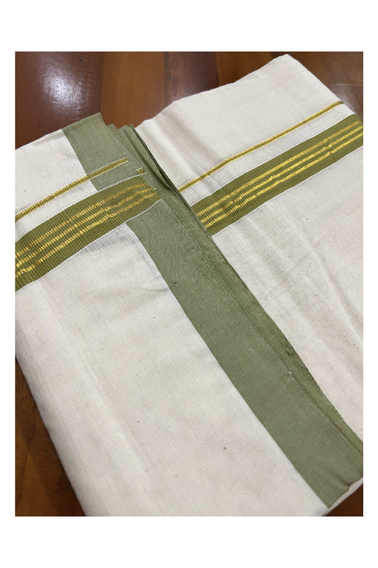 Off White Cotton Mundu with Olive Green and Kasavu Border (South Indian Dhoti)