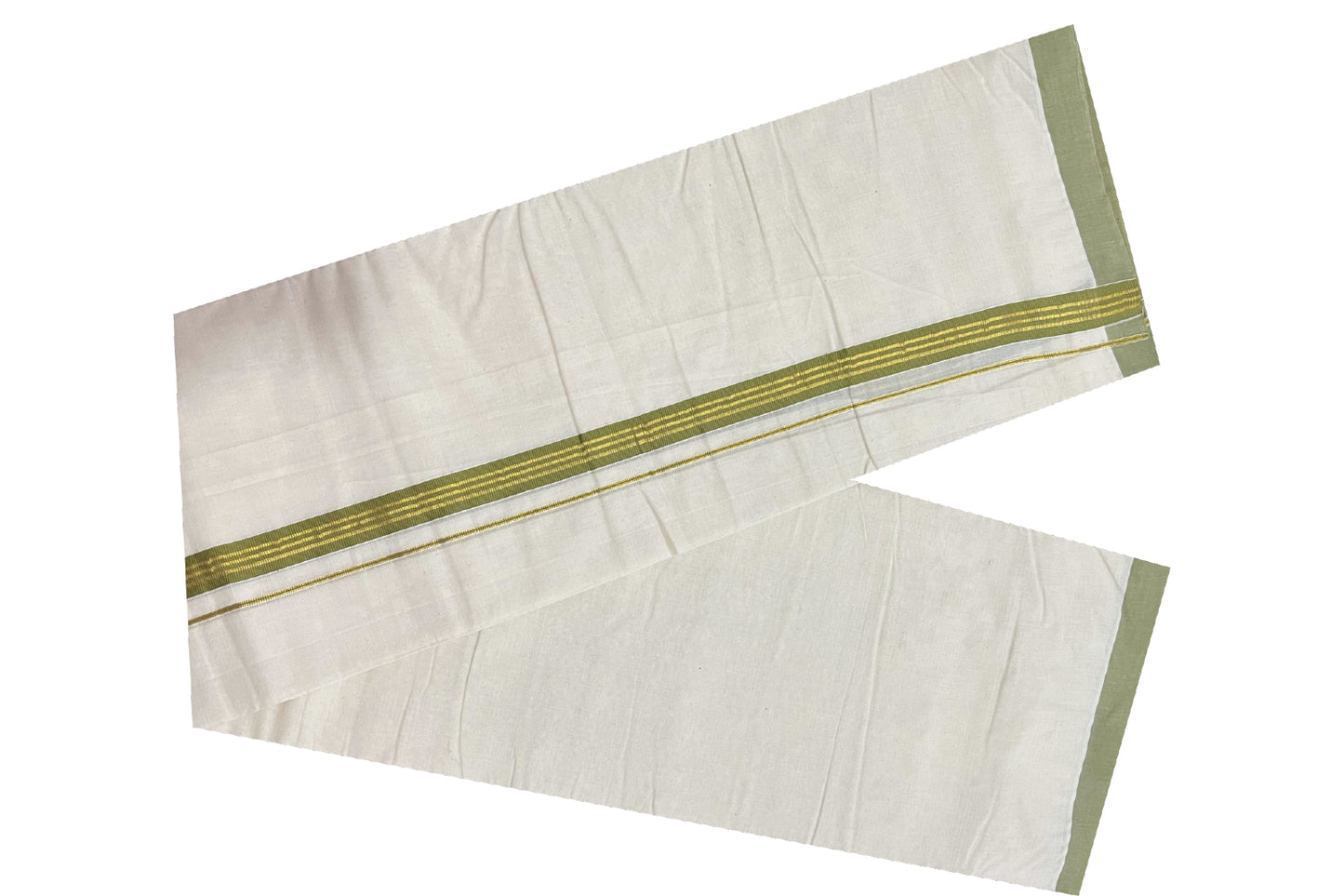 Off White Cotton Mundu with Olive Green and Kasavu Border (South Indian Dhoti)