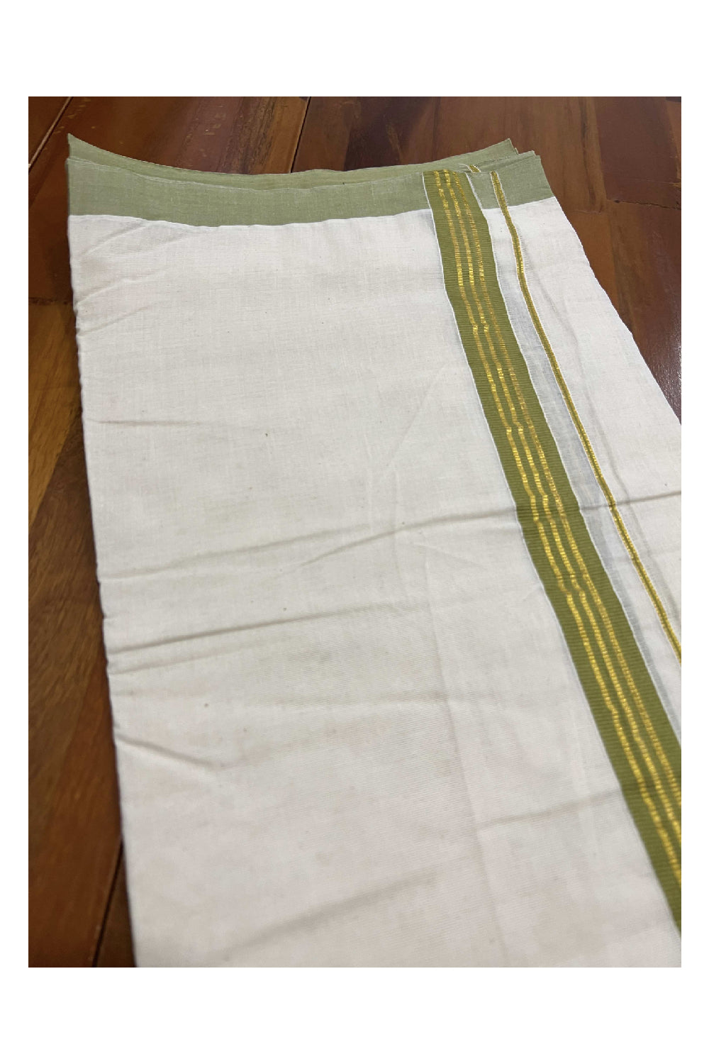 Off White Cotton Mundu with Olive Green and Kasavu Border (South Indian Dhoti)