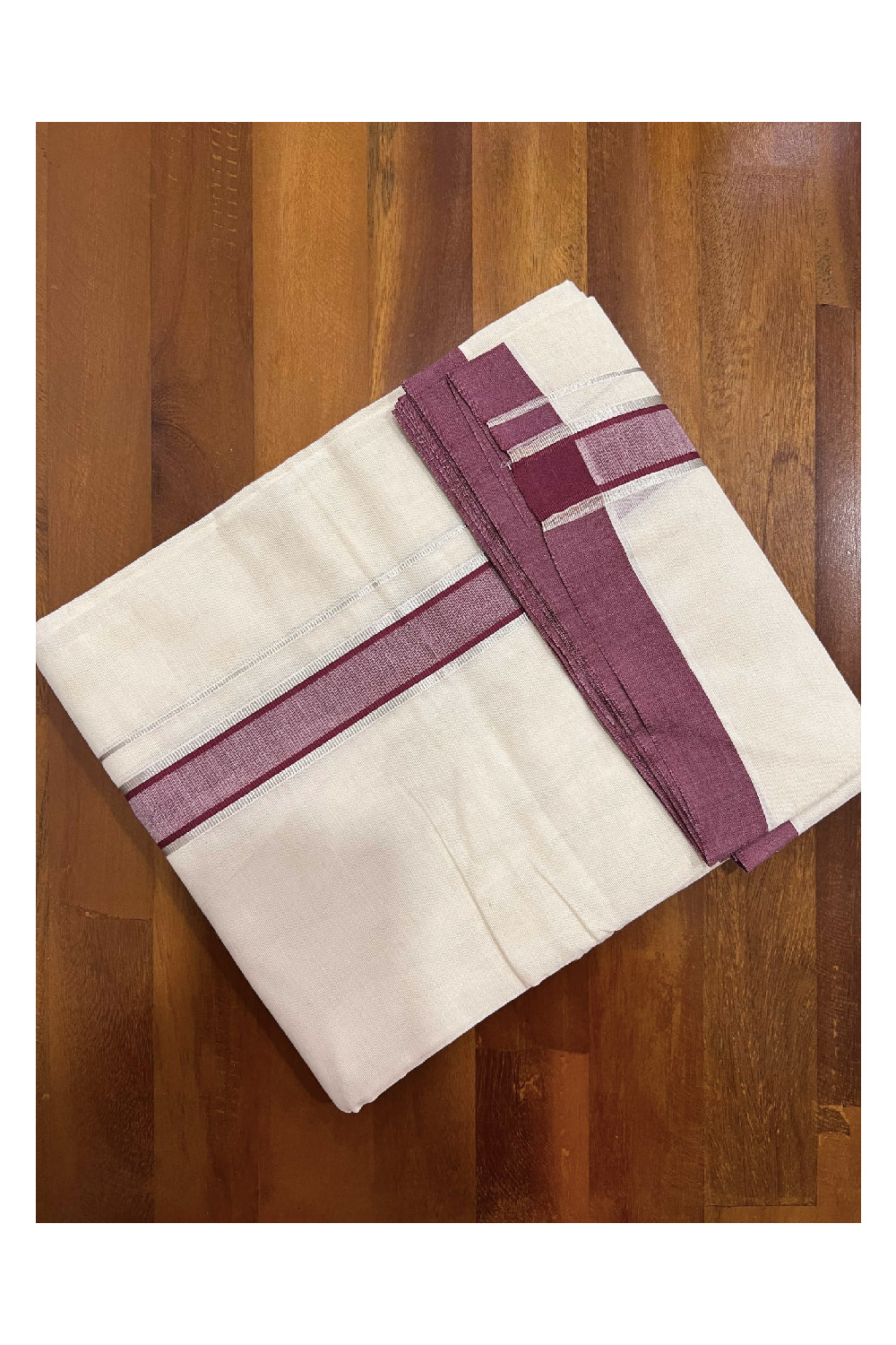 Off White Cotton Mundu with Maroon and Silver Kasavu Border (South Indian Dhoti)