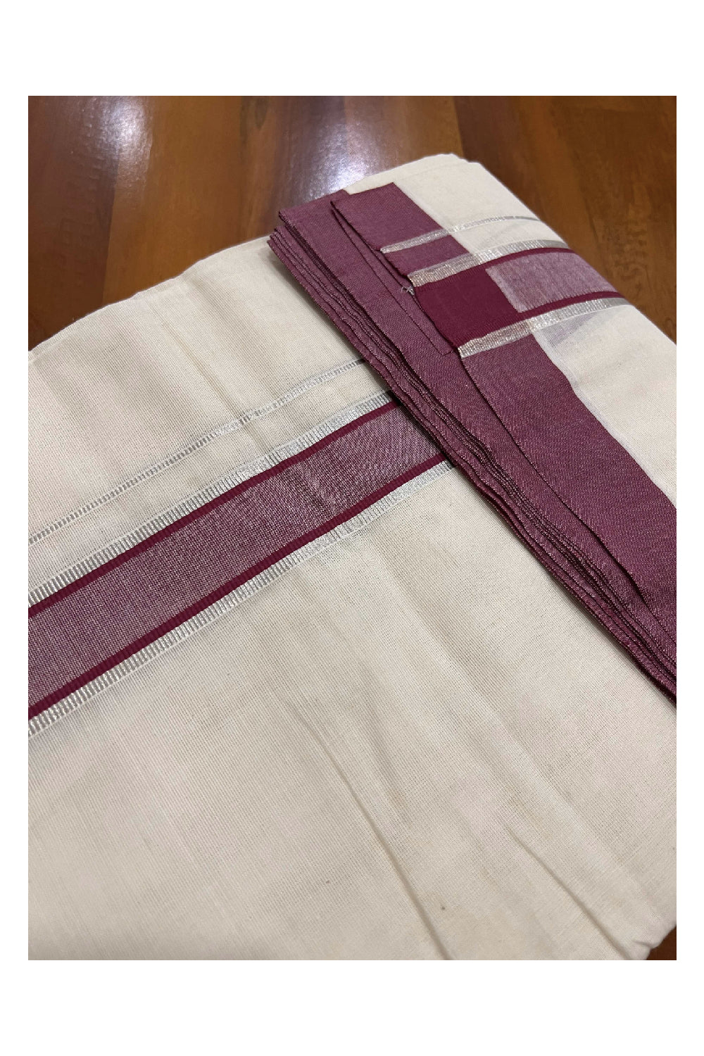 Off White Cotton Mundu with Maroon and Silver Kasavu Border (South Indian Dhoti)