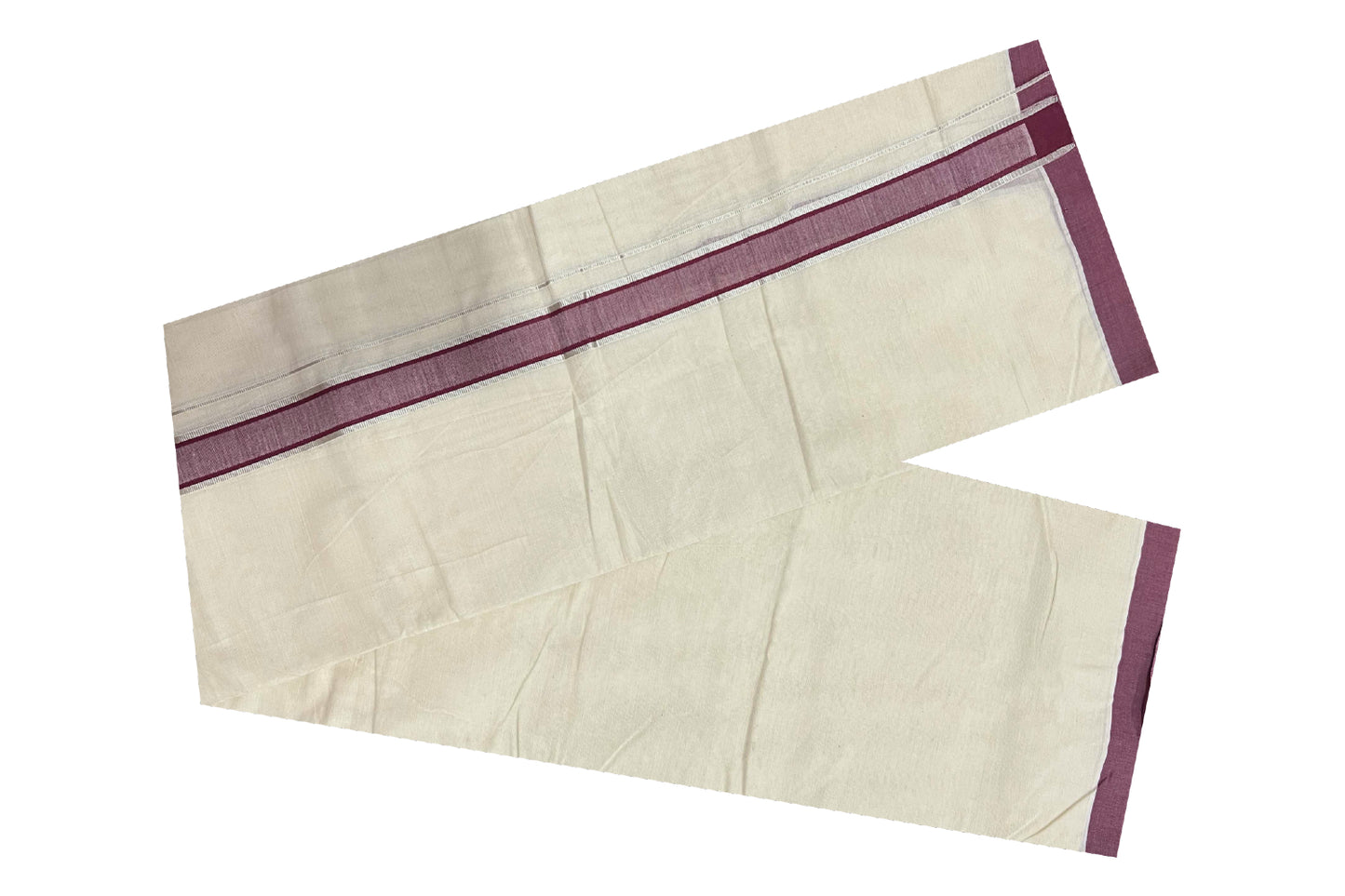 Off White Cotton Mundu with Maroon and Silver Kasavu Border (South Indian Dhoti)