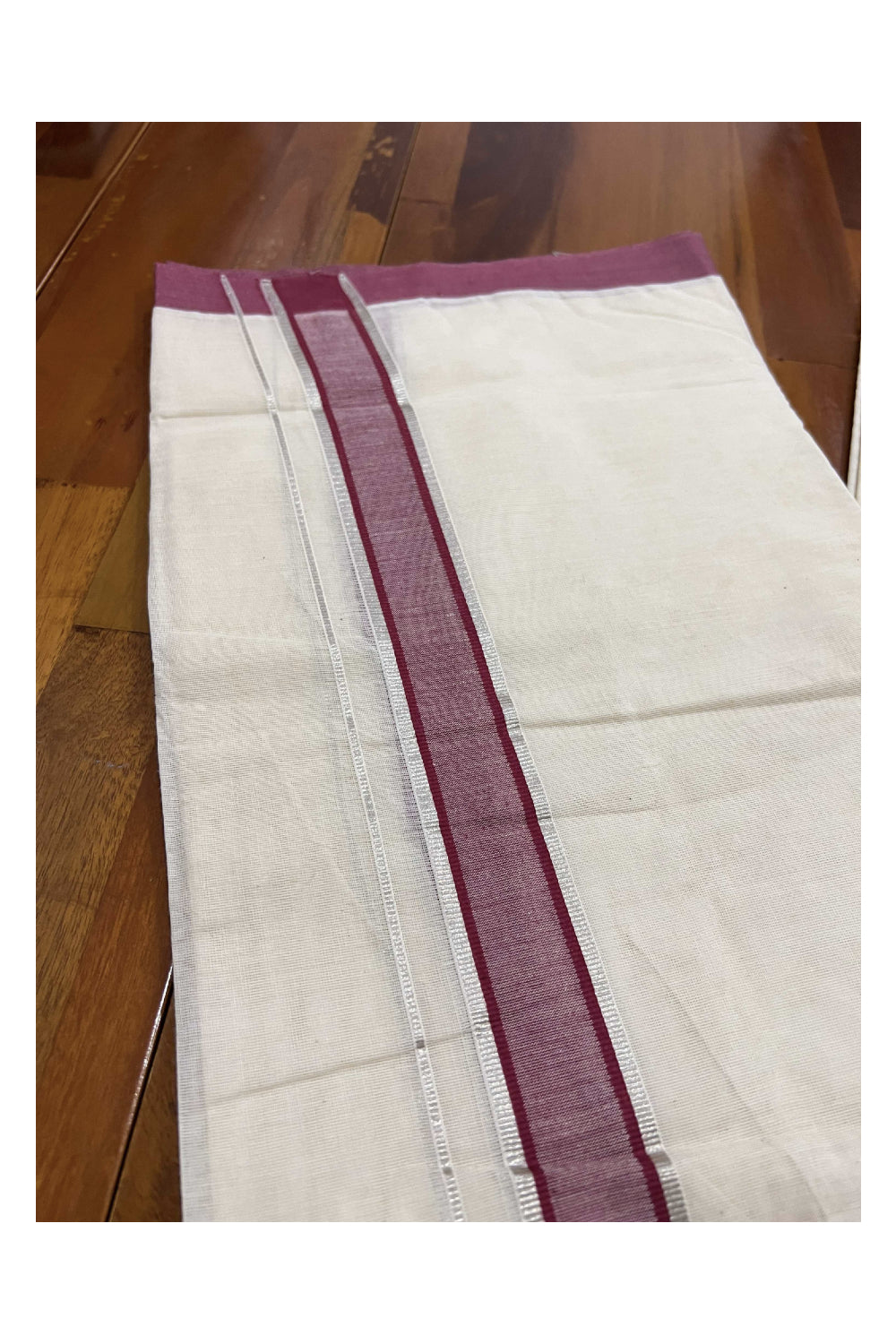 Off White Cotton Mundu with Maroon and Silver Kasavu Border (South Indian Dhoti)