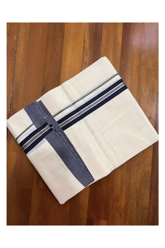 Off White Cotton Mundu with Navy Blue and Silver Kasavu Border (South Indian Dhoti)