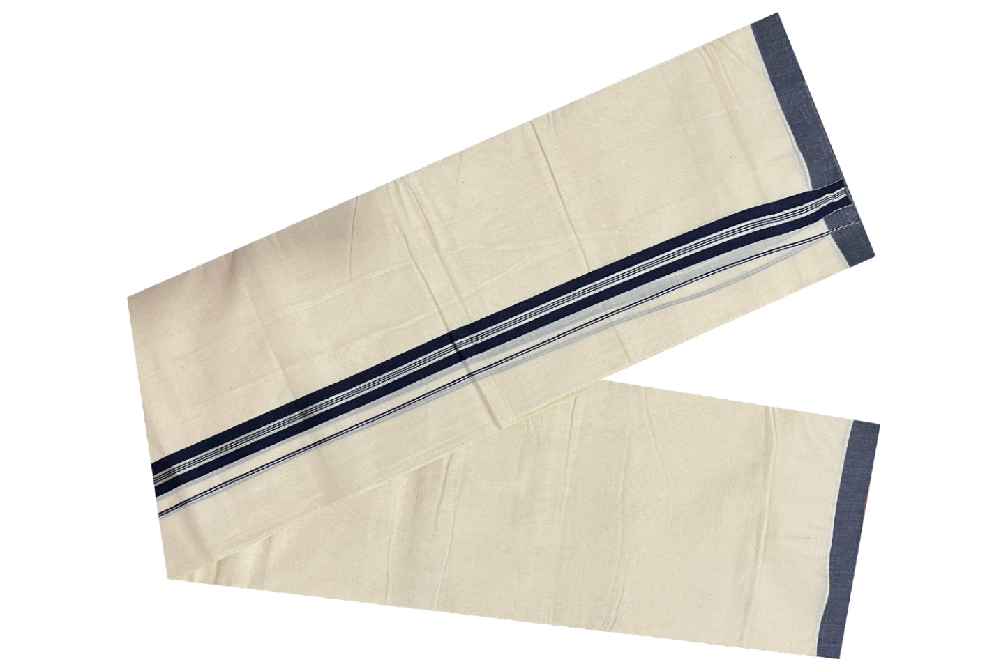 Off White Cotton Mundu with Navy Blue and Silver Kasavu Border (South Indian Dhoti)