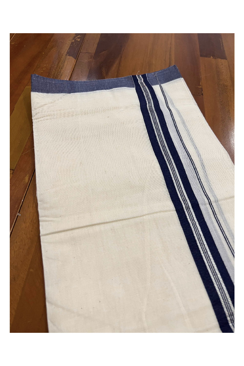 Off White Cotton Mundu with Navy Blue and Silver Kasavu Border (South Indian Dhoti)