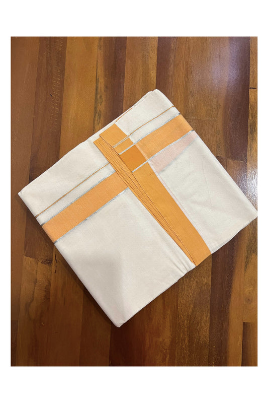 Off White Cotton Mundu with Orange and Silver Kasavu Border (South Indian Dhoti)