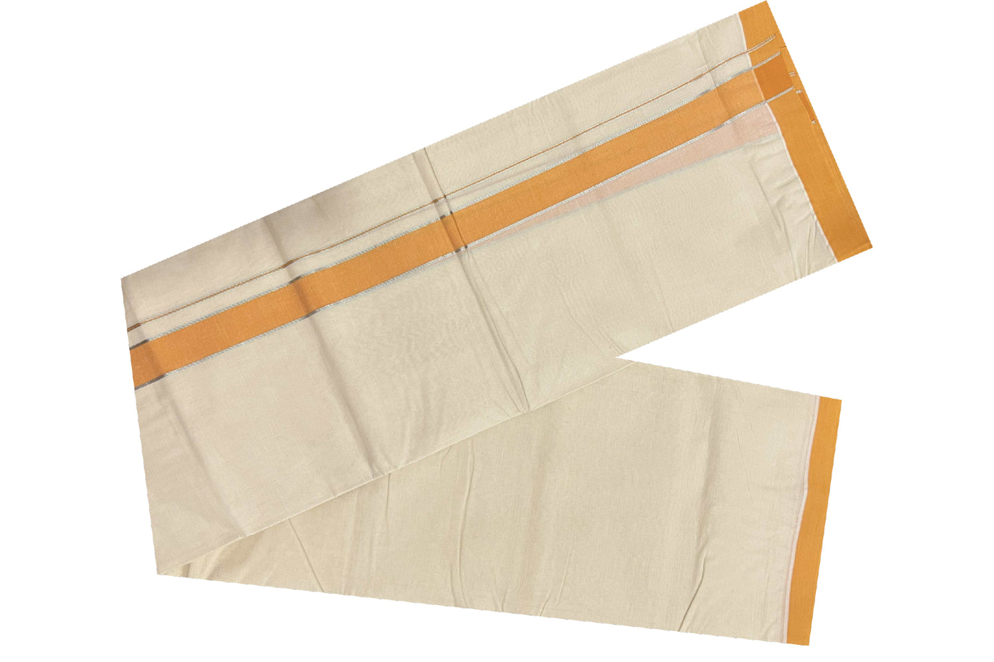 Off White Cotton Mundu with Orange and Silver Kasavu Border (South Indian Dhoti)