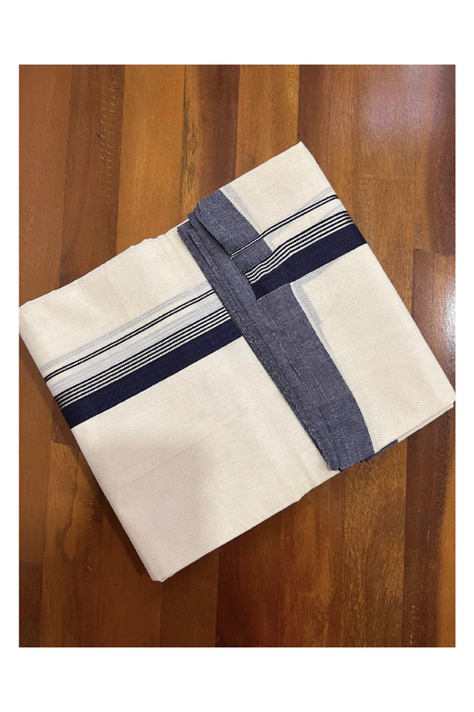 Off White Cotton Mundu with Navy Blue and Silver Kasavu Border (South Indian Dhoti)