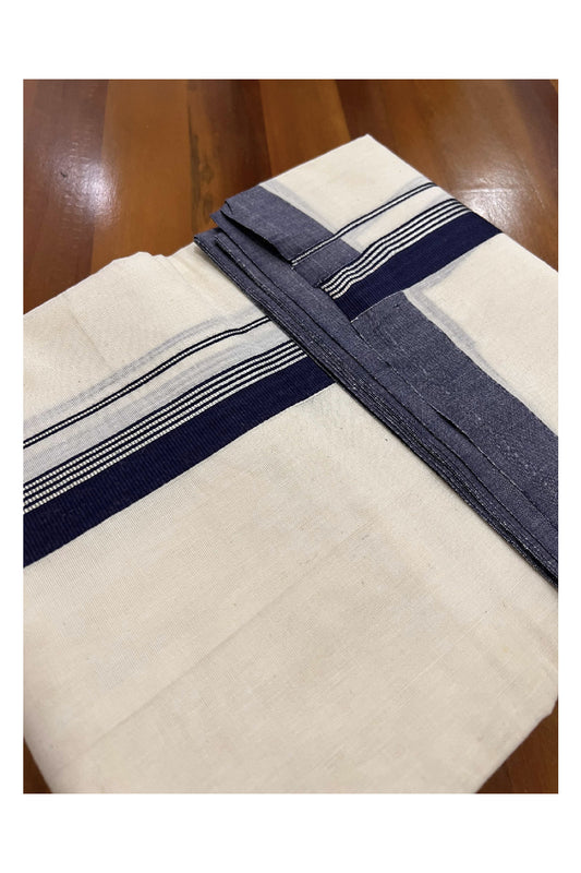 Off White Cotton Mundu with Navy Blue and Silver Kasavu Border (South Indian Dhoti)