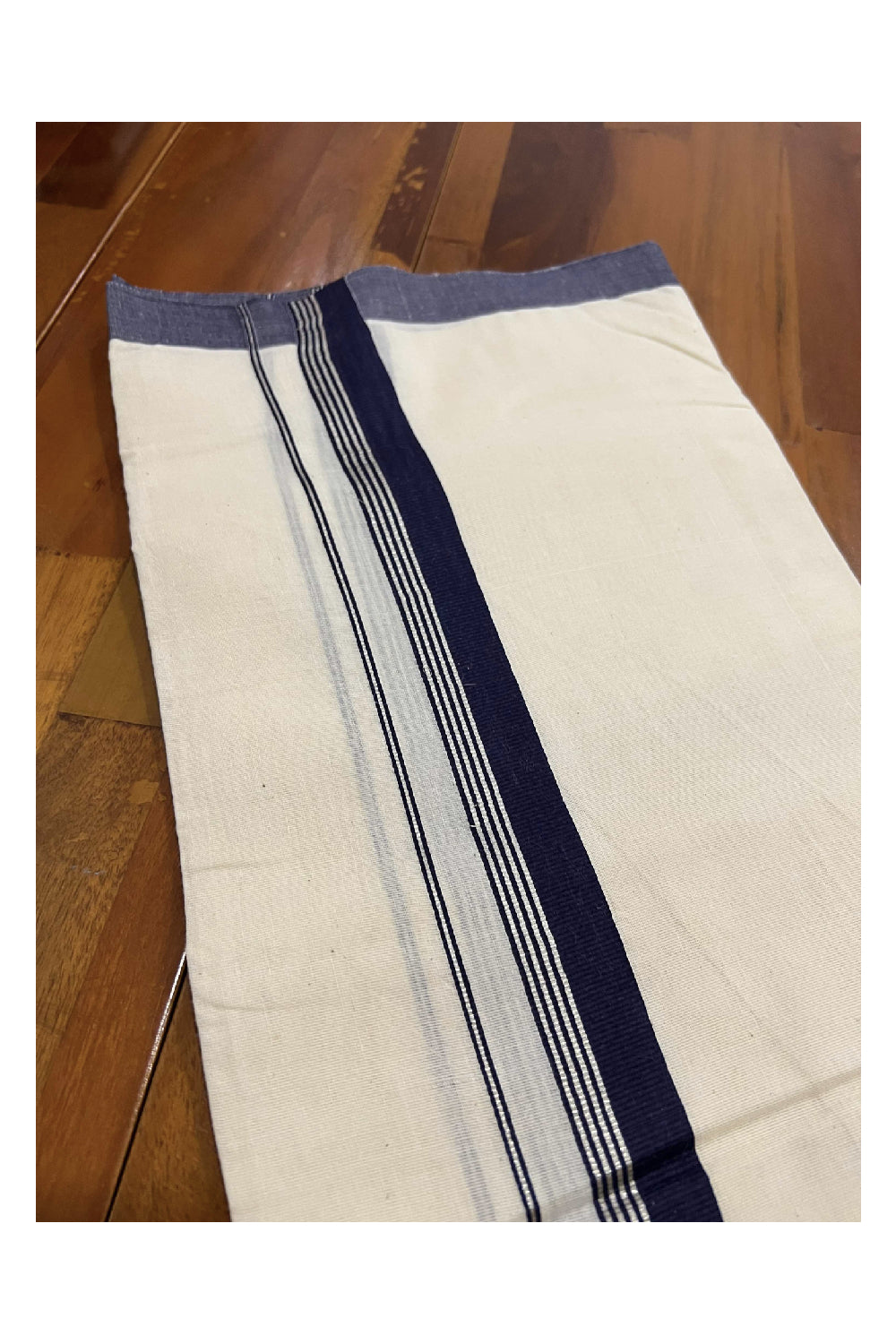 Off White Cotton Mundu with Navy Blue and Silver Kasavu Border (South Indian Dhoti)