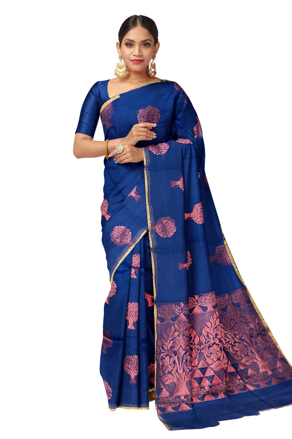 Southloom Dark Blue Cotton Silk Saree with Copper Kasavu Woven Works on Body