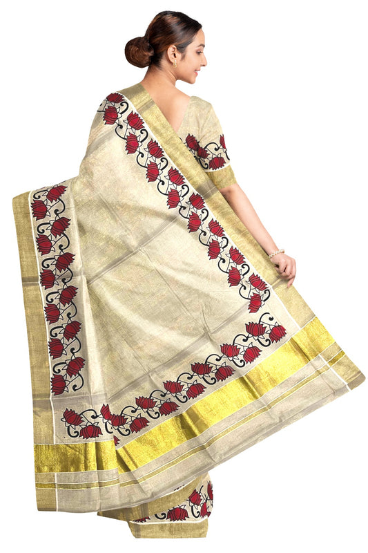 Kerala Tissue Kasavu Saree With Mural Red Floral Design on Pallu and Border