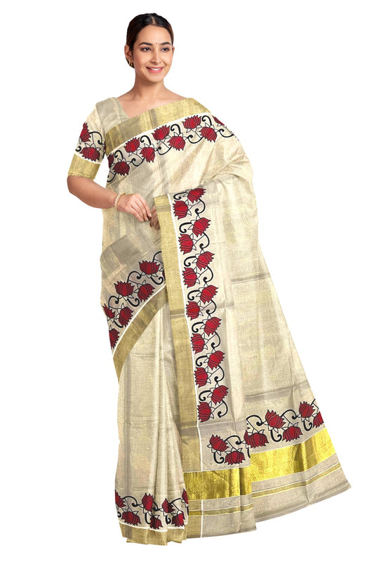 Kerala Tissue Kasavu Saree With Mural Red Floral Design on Pallu and Border