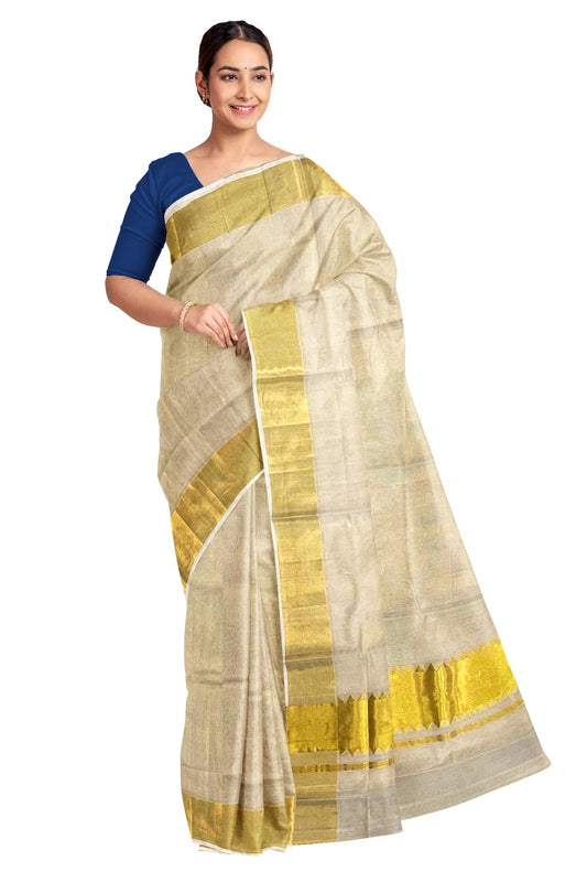 Southloom™ Original Handloom Kasavu Tissue Plain Saree with Handwoven Temple Design on Pallu