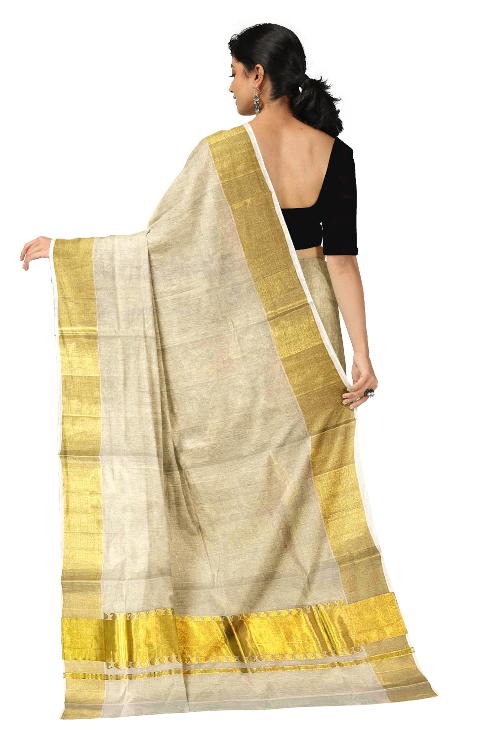 Southloom™ Original Handloom Kasavu Tissue Plain Saree with Handwoven Paisley Design on Pallu