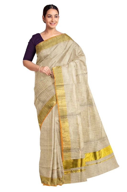 Southloom Premium Handloom Tissue Saree with Kasavu Check Design across Body