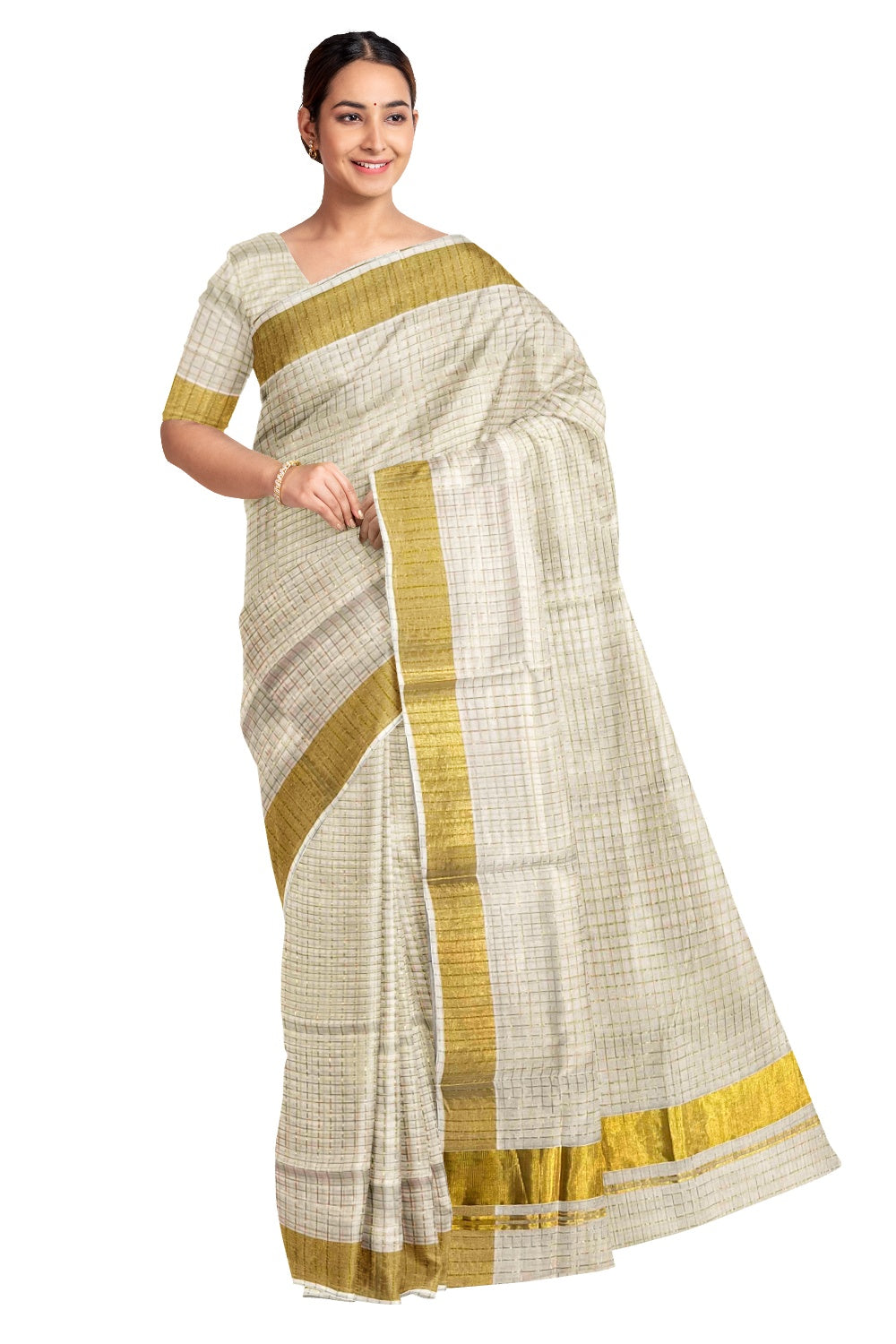 Southloom Premium Handloom Kerala Saree with Kasavu Check Design across Body