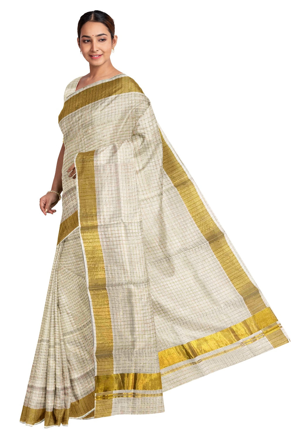 Southloom Premium Handloom Kerala Saree with Kasavu Check Design across Body