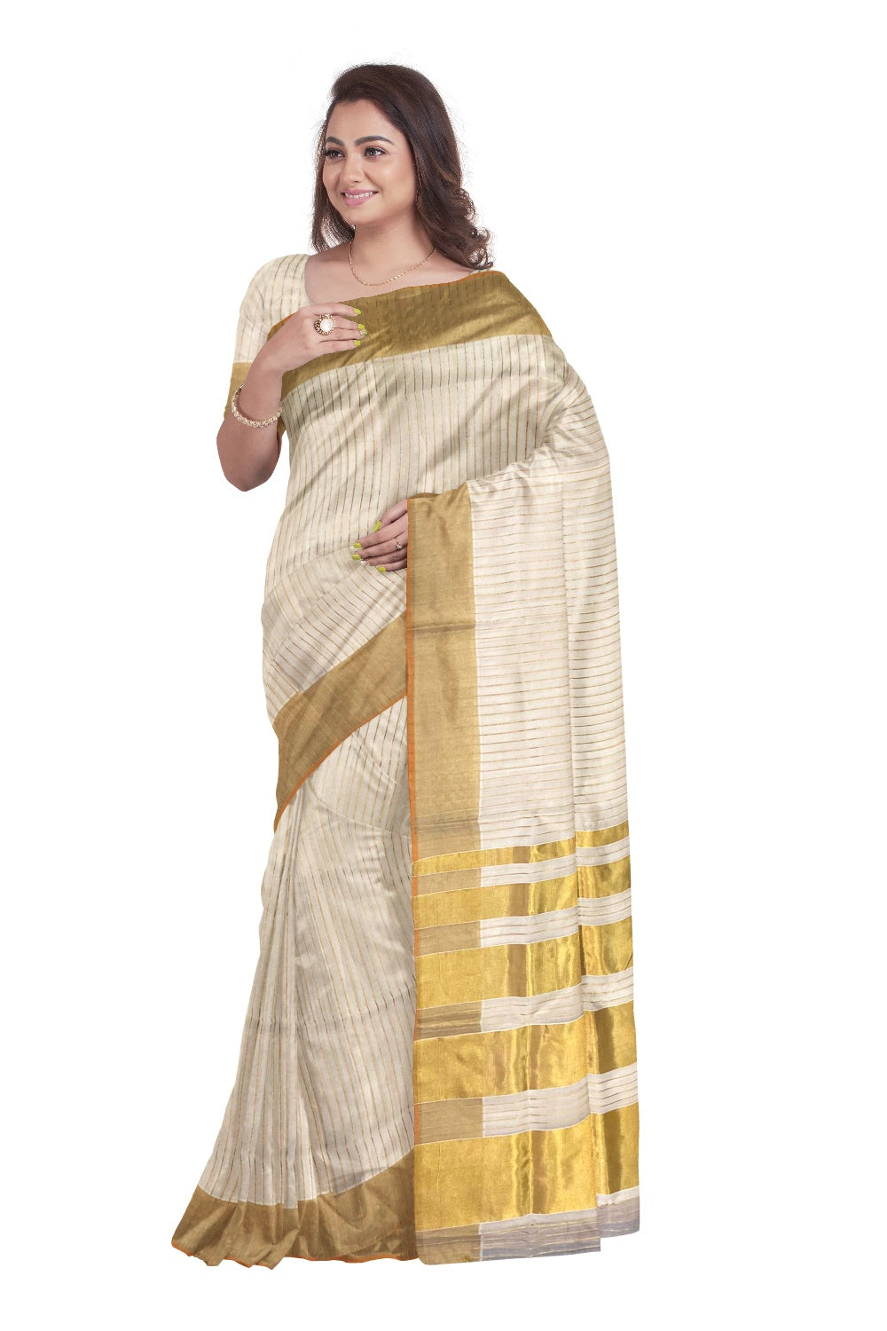 Southloom™ Handloom Kasavu Saree with Golden Kasavu Stripes on Body